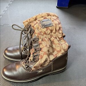 Coach Brown Signature Logo Ankle Booties with Dark Brown Leather Trim